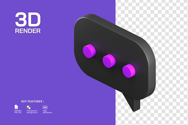 Render 3D del icono de mensaje con color negro y morado. útil para la ilustración de diseño de interfaz de usuario