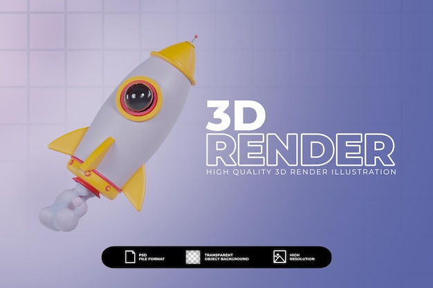 PSD render 3d ilustración de lanzamiento de cohete amarillo aislado