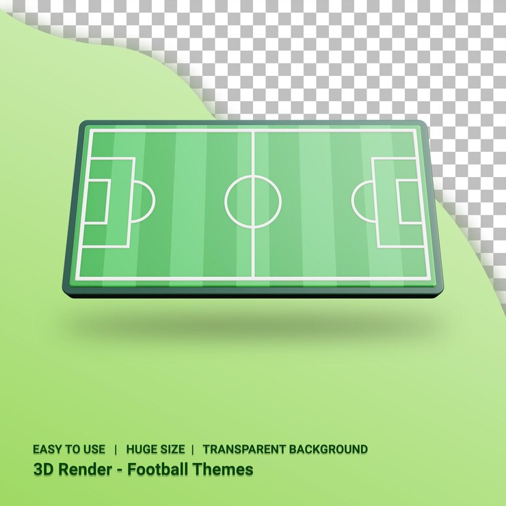 PSD render 3d ilustrasi lapangan sepak bola dengan latar belakang transparan
