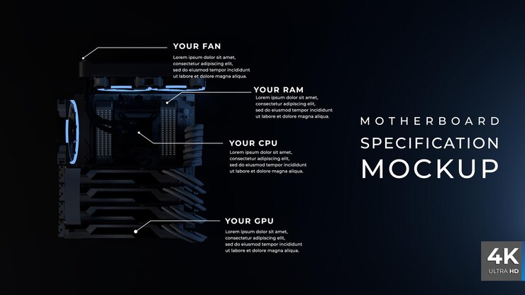 PSD render 3d infografis spesifikasi motherboard