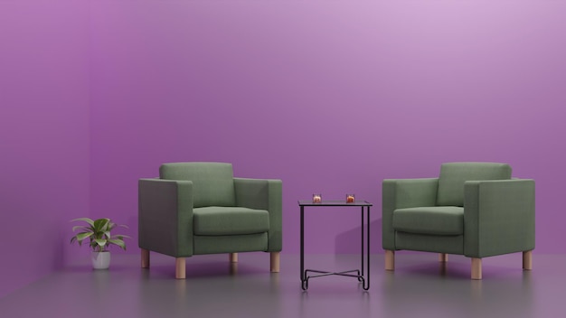 Render 3D Interior con sofá en la sala de estar con fondo de pared púrpura vacío