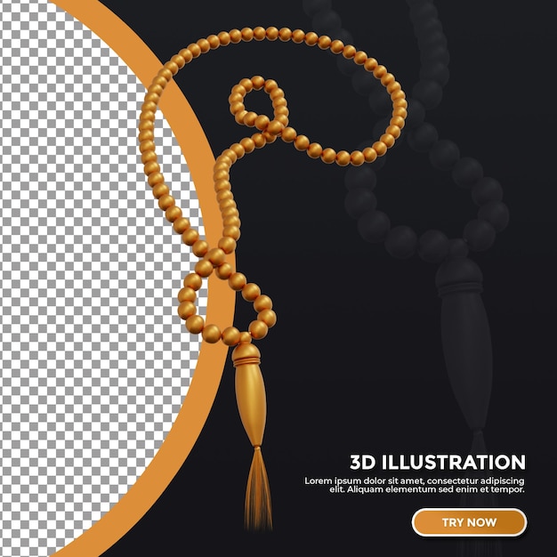Render 3d islámico que modela cuentas de oración en color dorado