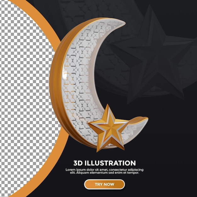 Render 3d islámico que modela la luna y la estrella en color dorado