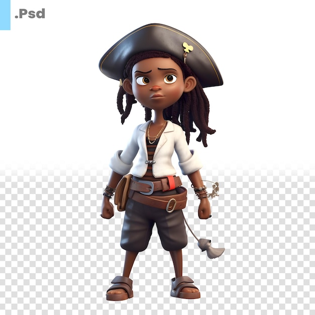 PSD render 3d d'une jolie petite fille afro-américaine avec un modèle psd de costume de pirate