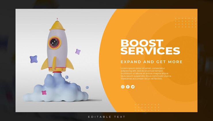 Render 3d lanzamiento de cohete amarillo plantilla de banner de redes sociales de marketing digital