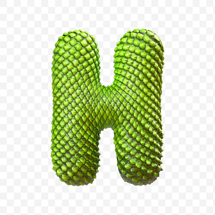 PSD render 3d de la letra h del alfabeto hecha de piel de dragón verde om fondo aislado psd