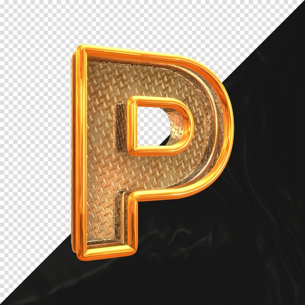 PSD render 3d de la letra p con vista lateral de textura metálica realista