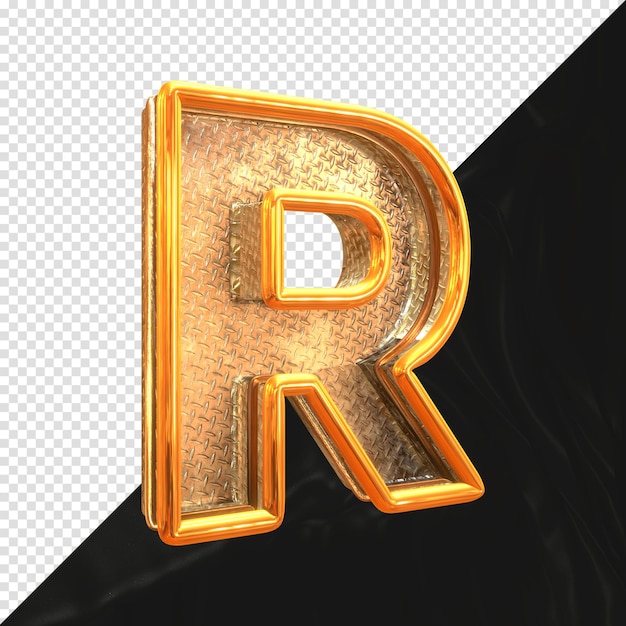 Render 3d de la letra R con vista lateral de textura metálica realista