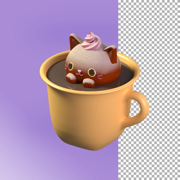 PSD render 3d de linda bola de gatito de chocolate en una taza de café