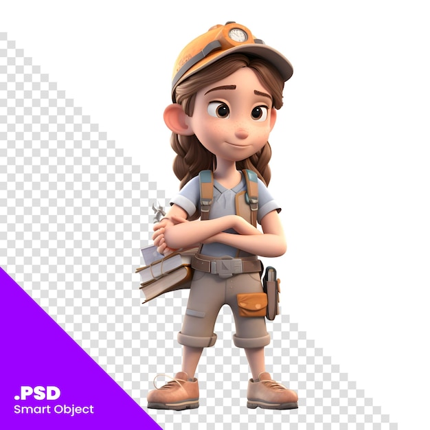 PSD render 3d de una linda chica con mochila y sombrero plantilla psd