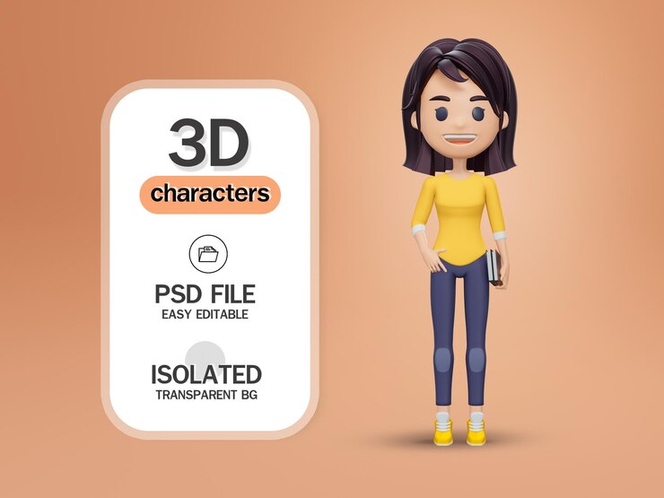 PSD render 3d, linda chica con mochila sosteniendo libros