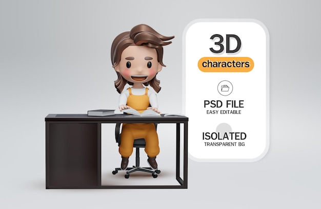 PSD render 3d, linda chica sentada en una mesa y trabajando en casa en clase electrónica