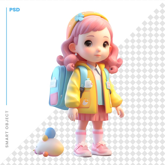 PSD render 3d de una linda niña con mochila y bolsa