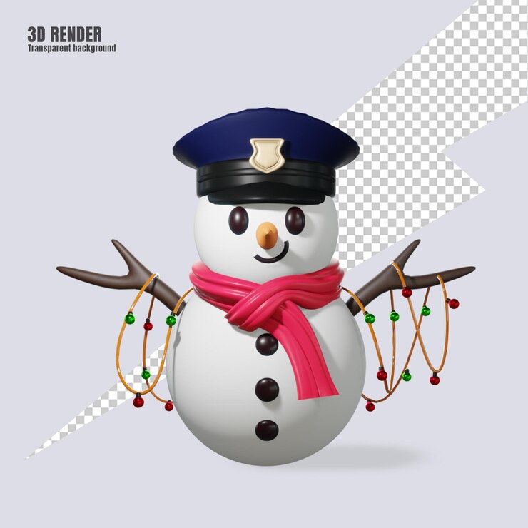 Render 3D lindo muñeco de nieve con sombrero de policía