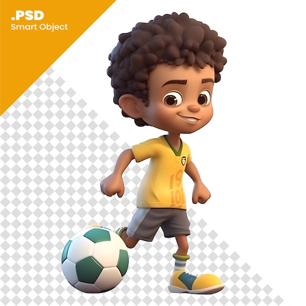 PSD render 3d de little boy avec un ballon de football isolé sur un fond blanc modèle psd