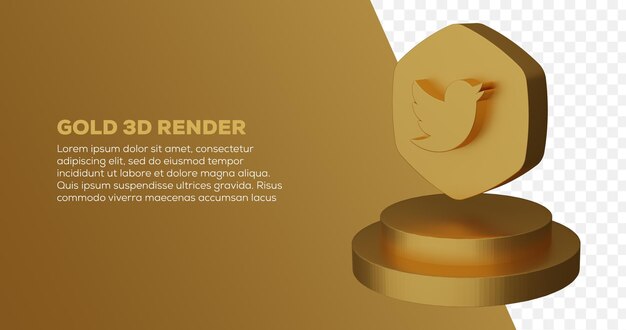 Render 3d del logotipo y el podio de twitter de oro