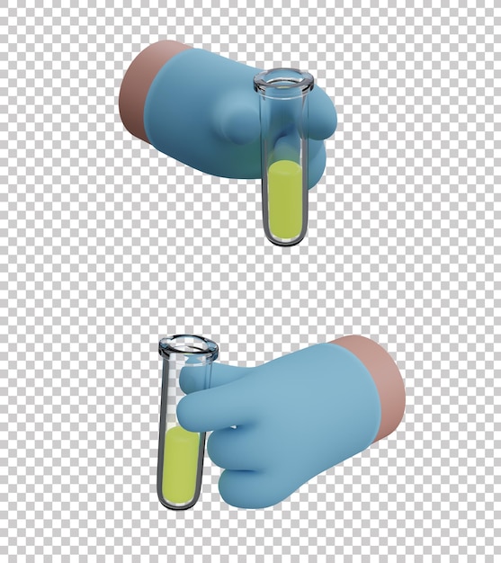 PSD render 3d de mano estilizada en guante de látex con tubo de ensayo de vidrio químico dos racurses