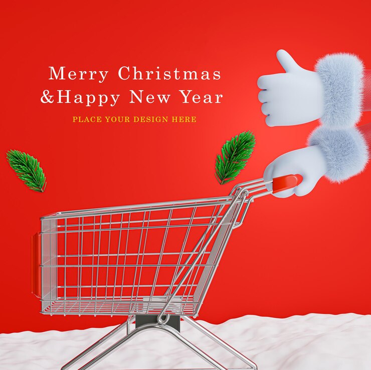 PSD render 3d de las manos del personaje de santa claus con carrito de compras sobre fondo rojo.