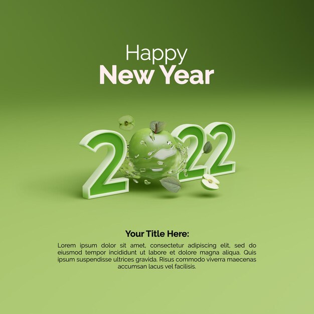 Render 3D de manzana verde con texto 3d Feliz año nuevo 2022