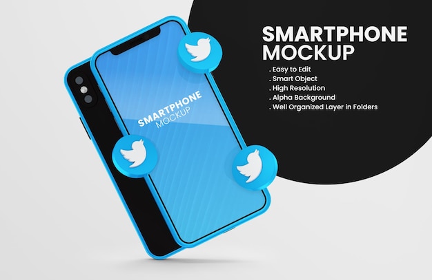 Con render 3d maqueta de smartphone con icono de twitter