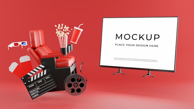 Render 3D de maqueta de televisión con concepto de tiempo de cine en línea