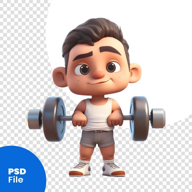 PSD render 3d d'un mignon petit garçon avec des haltères modèle psd