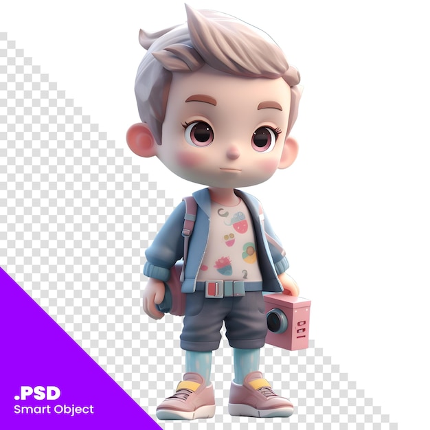 PSD render 3d d'un mignon petit garçon avec sac à dos et modèle psd de caméra