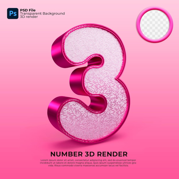 PSD render 3d moderno números 3 color rosa de lujo