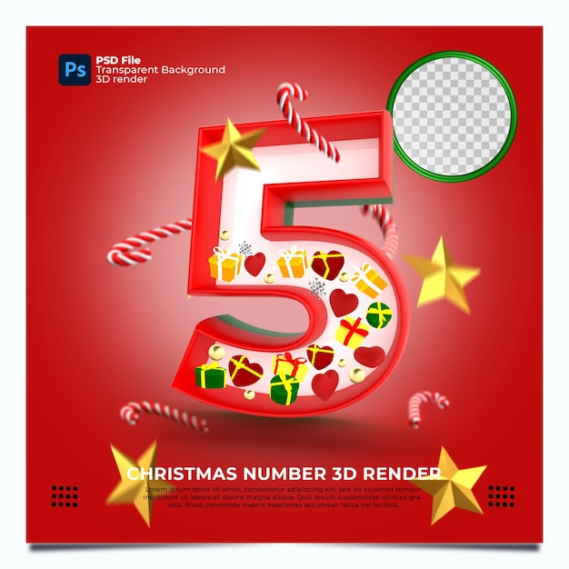 Render 3d de Navidad número 5 con elementos y colores oro verde rojo