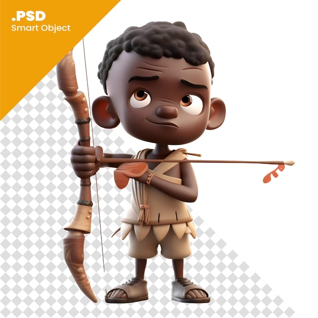 PSD render 3d de un niño africano con arco y flecha aislado en la plantilla psd de fondo blanco