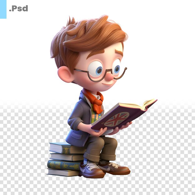 PSD render 3d de un niño pequeño con gafas leyendo un libro. plantilla psd