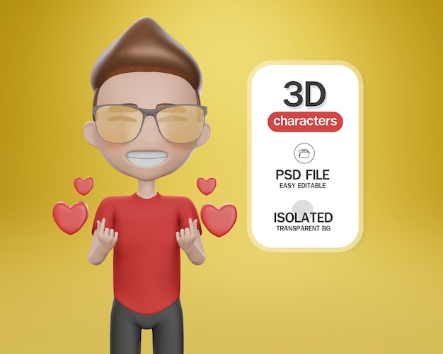 Render 3D El niño pequeño del personaje de dibujos animados da un corazón en un fondo