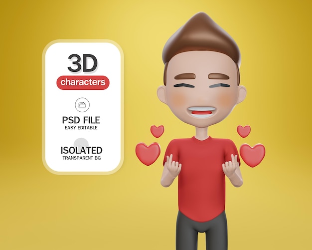 Render 3D El niño pequeño del personaje de dibujos animados da un corazón en un fondo