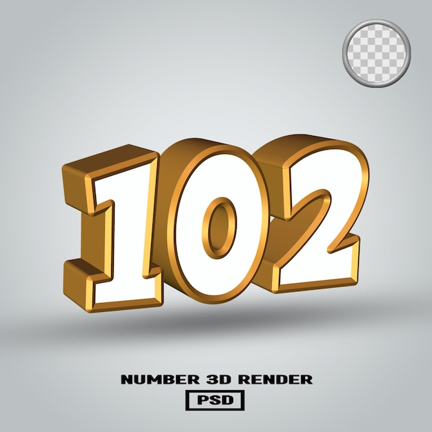 Render 3D numero 102 colore oro e bianco