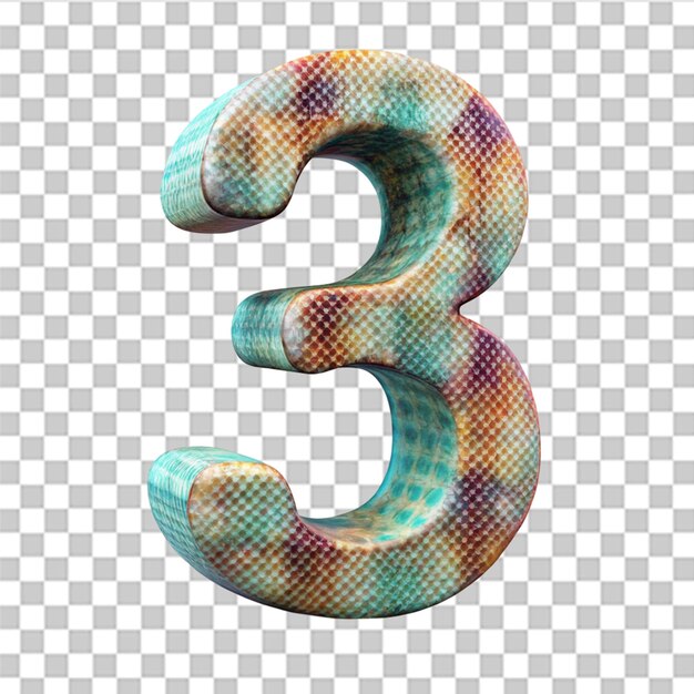 Render 3D número 3 con textura abstracta aislada en un fondo transparente
