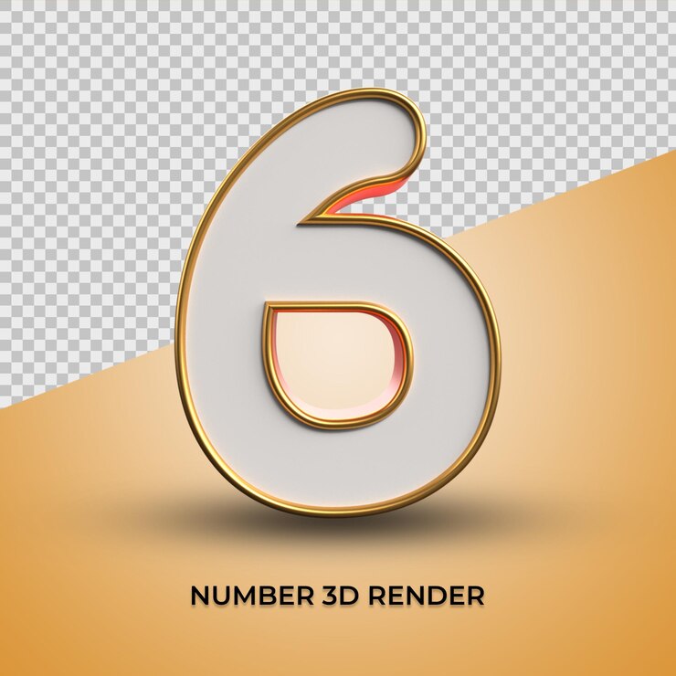 Render 3d del número 6 blanco con contorno dorado