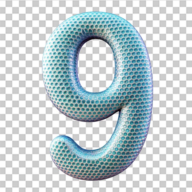 Render 3D número 9 con textura abstracta aislada en un fondo transparente