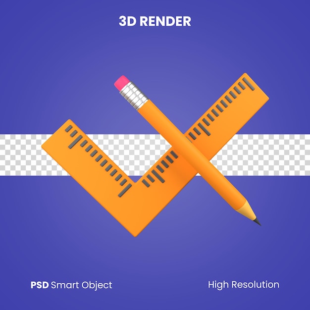 PSD render 3d de papelería de lápiz y regla aislado