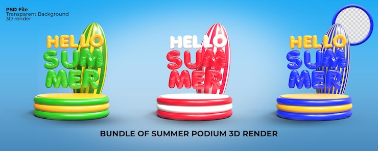 PSD render 3d paquete de playa de podio de verano con texto de bola de globo de paraguas de elemento