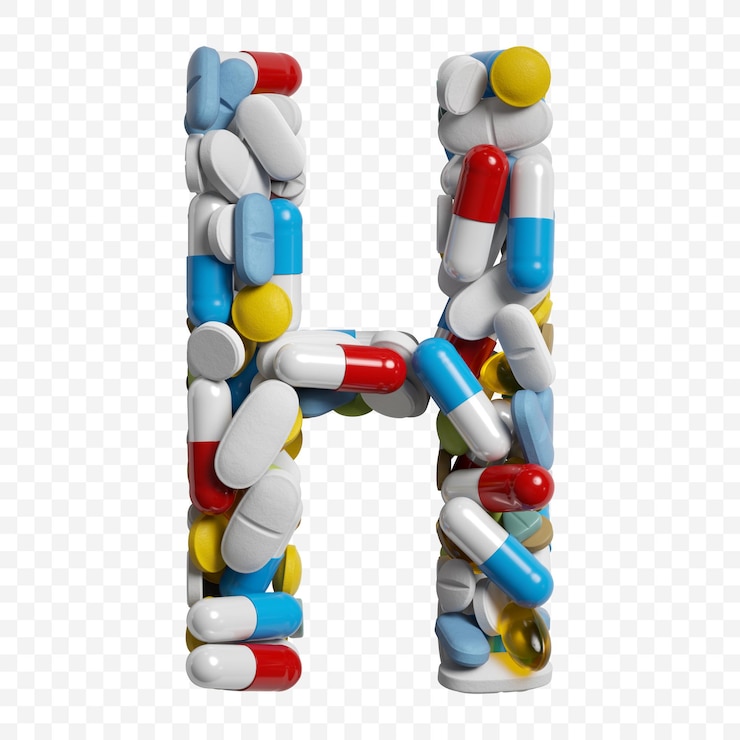 PSD render 3d de pastillas y tabletas de color alfabeto letra h símbolo aislado sobre fondo blanco.