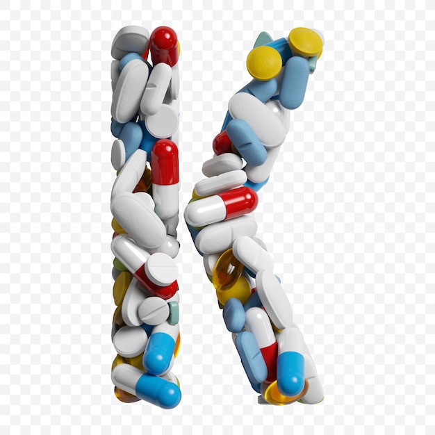 Render 3d de pastillas y tabletas de color alfabeto letra k símbolo aislado sobre fondo blanco.