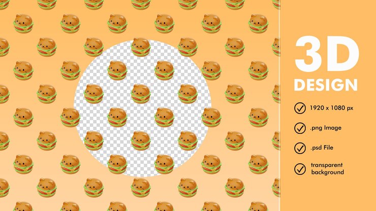 PSD render 3d de patrones sin fisuras de hamburguesa de gato lindo con fondo transparente de vista isométrica