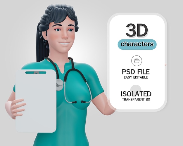 Render 3d. el personaje de dibujos animados del doctor muestra el portapapeles con papel en blanco.