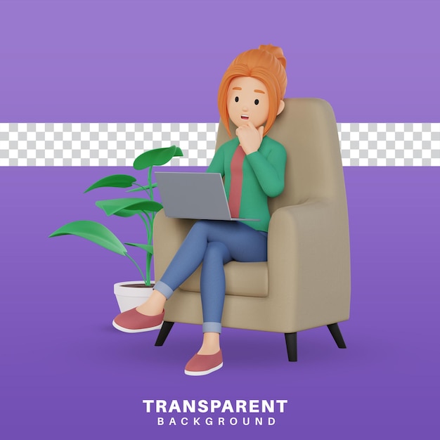 Render 3D de personaje de niña de dibujos animados confundido trabajando en una computadora portátil