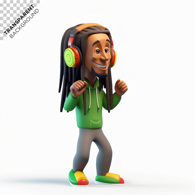 Render 3d del personaje rastaman escuchando música