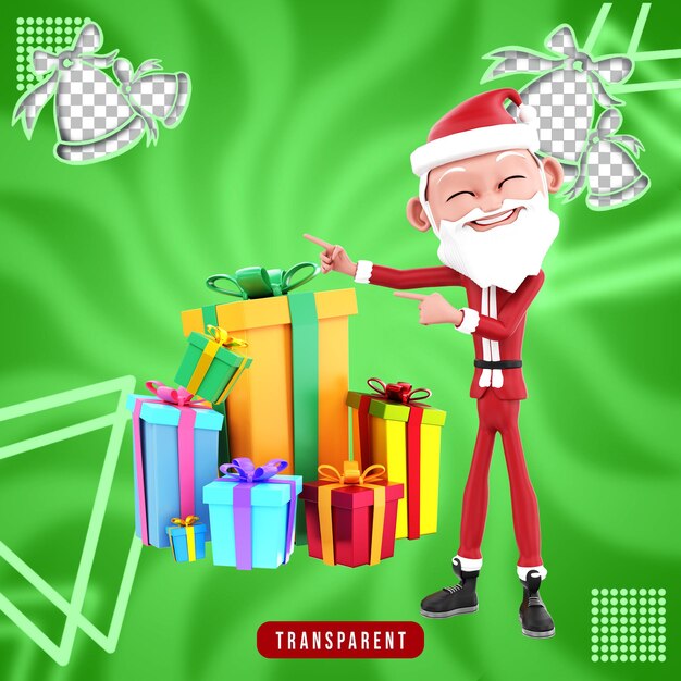 Render 3D de personajes de santa claus y regalos de navidad