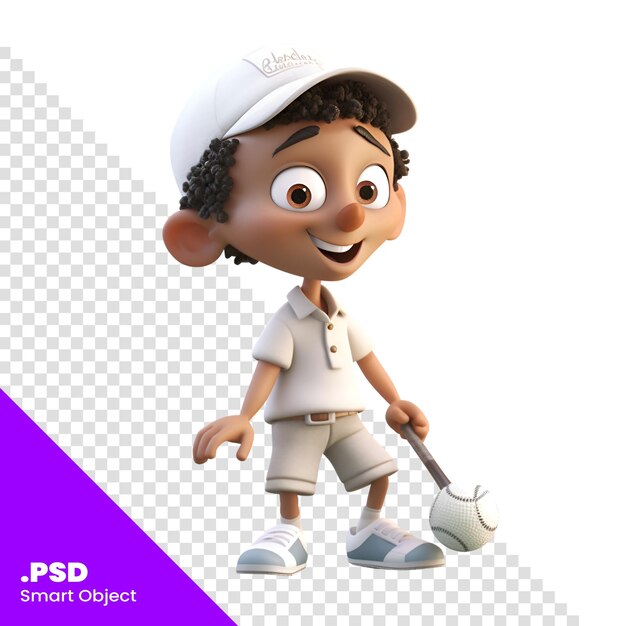 PSD render 3d d'un petit garçon avec un club de golf sur fond blanc modèle psd