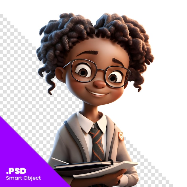 PSD render 3d de la petite étudiante afro-américaine avec un livre isolé sur un fond blanc modèle psd