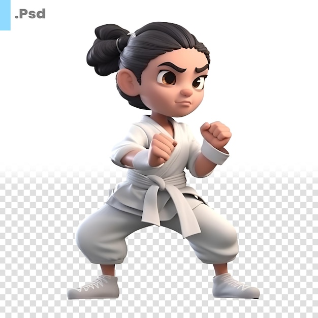 PSD render 3d d'une petite fille de karaté avec un modèle psd de fond blanc