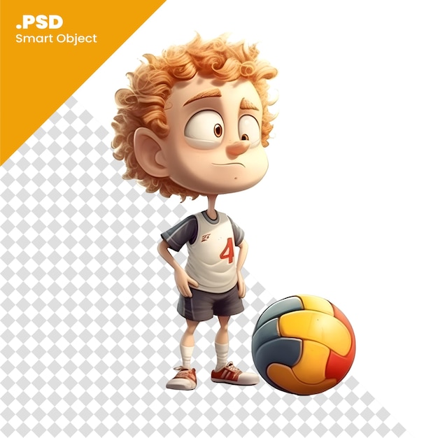PSD render 3d de una plantilla psd de un lindo niño con un balón de fútbol